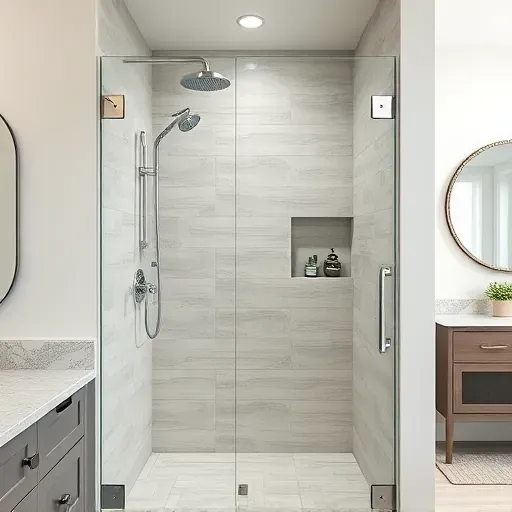 Freshly installed modern shower with chrome fixtures glass enclosure neutral tiles rainfall head stylish niche in Hyattsville MD