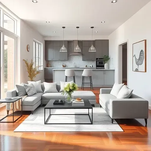 Modern Arlington VA living room remodeled with sleek lines, soft gray and white decor, hardwood floors, and natural light.