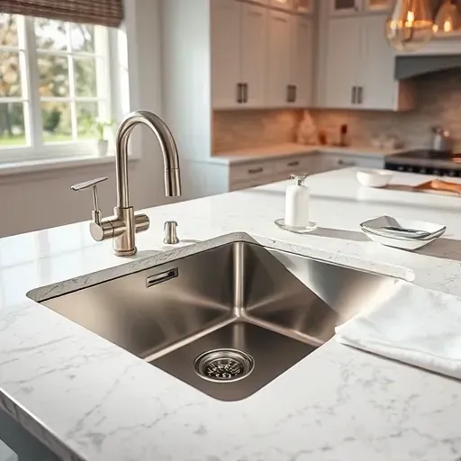 Seamless modern kitchen sink in Hyattsville MD with stainless steel finish, granite countertop, high-end faucet, and elegant decor