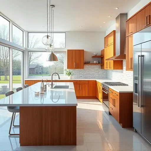 Remodeled modern kitchen in Largo Maryland with quartz countertops stainless-steel appliances custom wood cabinetry large windows and intricate tile backsplash