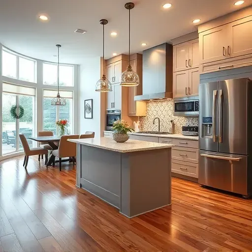 Recently renovated modern Odenton kitchen featuring matte cabinetry stainless appliances marble island textured backsplash hardwood floor large window open dining area