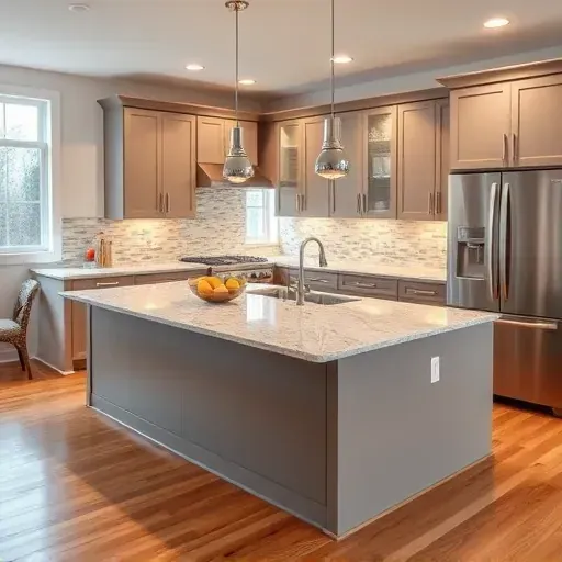 Completed modern kitchen in Severn MD with matte cabinetry granite island stainless steel appliances and stylish backsplash
