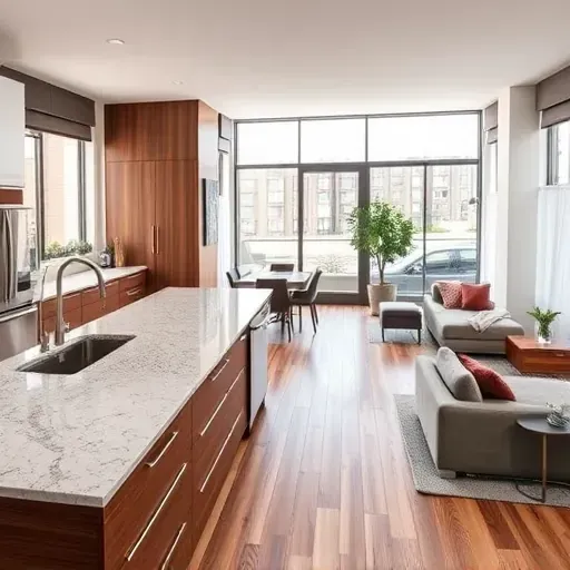 Modern kitchen and living area remodel in Silver Spring, MD with sleek appliances, walnut cabinetry, and elegant design.