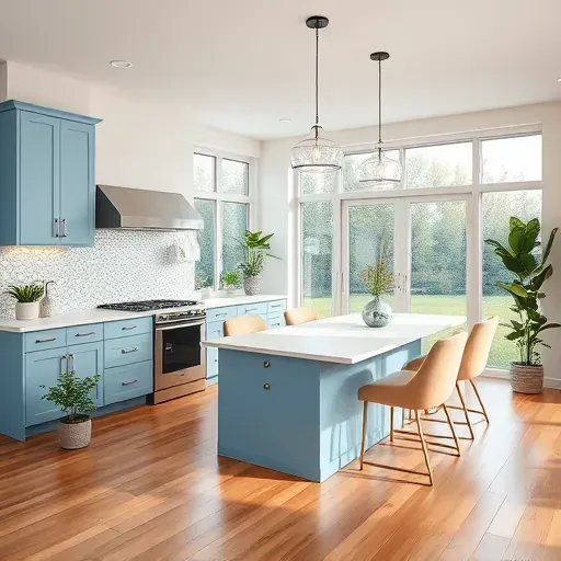Modern kitchen remodel in Hanover MD featuring sleek finishes, a large island, stainless appliances, and bright decor.