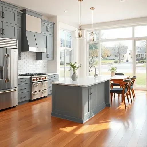 Modern kitchen remodel in Arlington VA featuring stainless steel appliances, quartz island, gray cabinetry, and pendant lights.