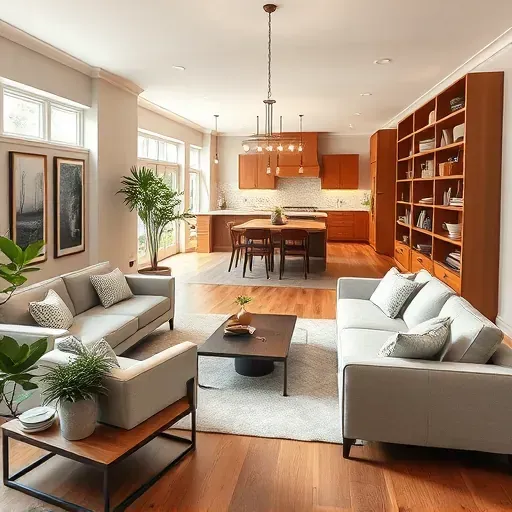 Cozy modern living room in Waldorf MD with sleek furniture, natural light, wooden floors, and stylish decor.