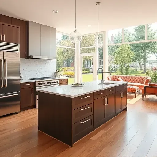 Recently remodeled Hyland Hills kitchen with modern high-end appliances, marble island, hardwood floors, and panoramic windows