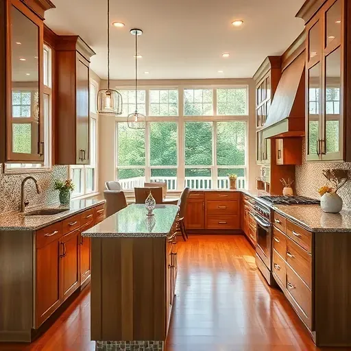 Modern kitchen remodel in Crofton MD featuring granite countertops, custom cabinetry, and elegant dining area decor.