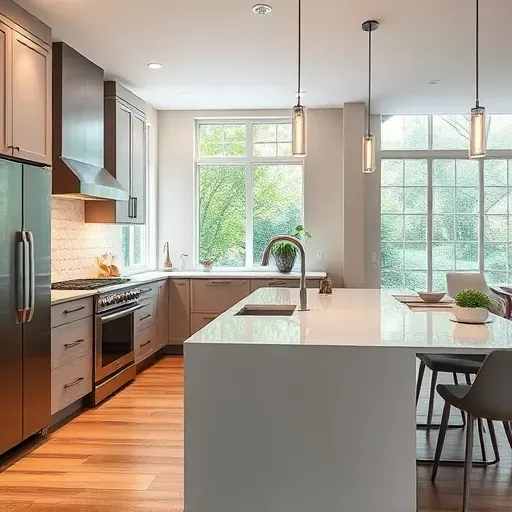 Remodeled Riverdale Park MD kitchen with matte finish cabinets stainless appliances quartz countertops and natural light