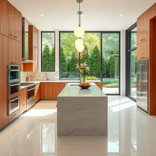 Modern renovated Alexandria VA kitchen with quartz countertops stainless steel appliances warm wood cabinets and a lush outdoor view