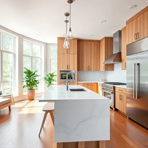 Remodeled Bethesda kitchen with stainless steel appliances marble countertops custom wood cabinets large island pendant lights natural light hardwood floors greenery