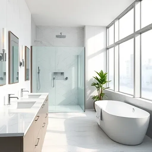 Modern Hyattsville bathroom with white marble countertops glass shower soaking tub gray cabinetry neutral tiles LED lighting natural light green plants