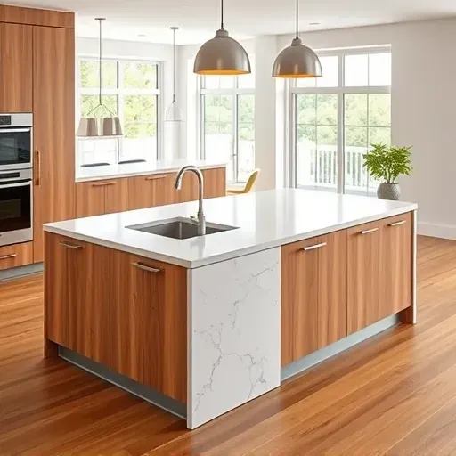 Modern Hyattsville kitchen with marble island, warm wood cabinets, stainless steel appliances, pendant lights and hardwood floors