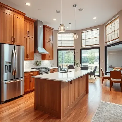 Remodeled Washington D.C. kitchen with navy blue cabinets, marble island, stainless appliances, hardwood floors, city view
