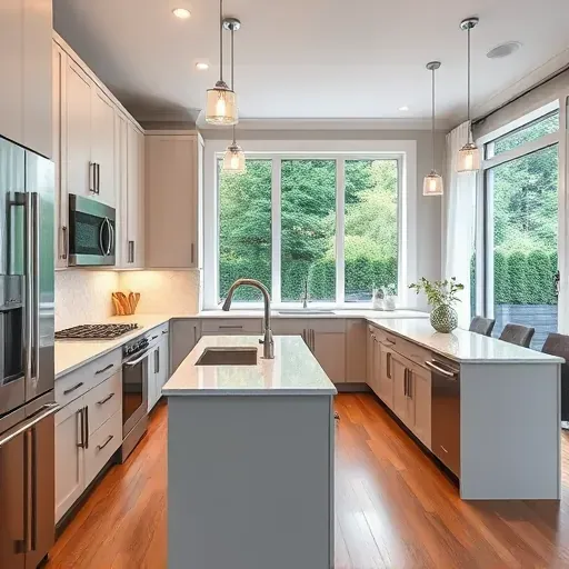 Remodeled Arlington VA kitchen with sleek cabinetry, stainless appliances, quartz island, hardwood floors, and natural light