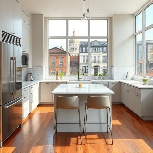 Renovated Washington D.C. kitchen with matte modern cabinetry, stainless steel appliances, quartz countertops, marble island, and historic city views