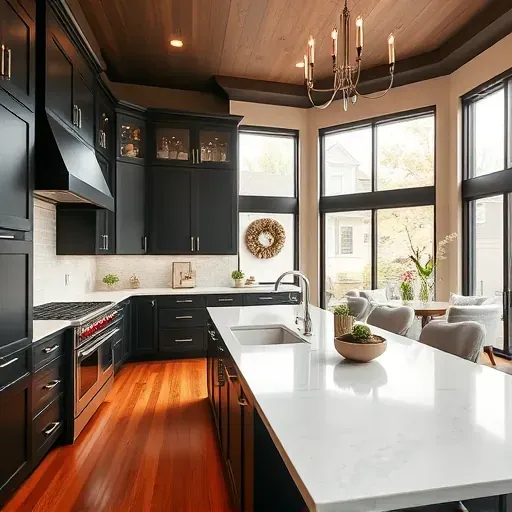 Modern kitchen remodel in Bethesda with dark cabinets, quartz countertops, natural light, stainless steel appliances, and inviting decor.