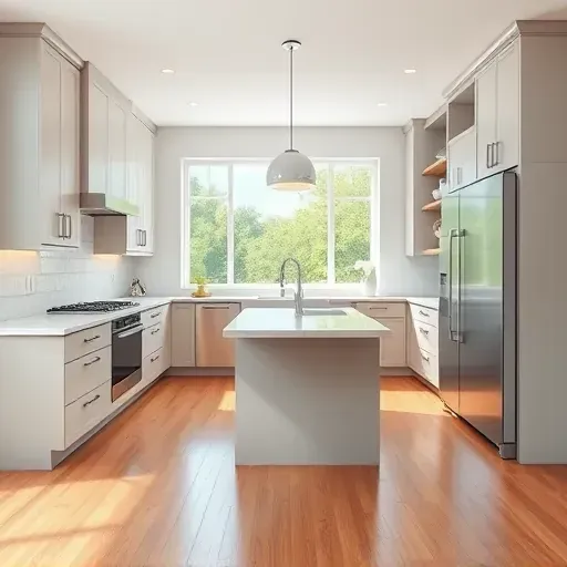 Renovated modern kitchen in Rockville MD with sleek cabinetry stainless steel appliances quartz island polished hardwood floors neutral tones and natural light