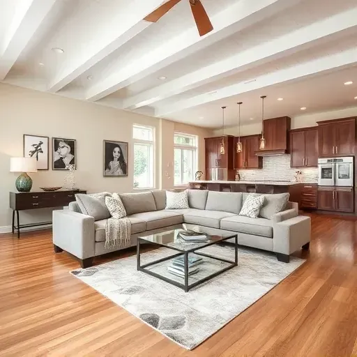 Stylish modern living room in Odenton, MD with hardwood floors, sectional sofa, and elegant kitchen in background.