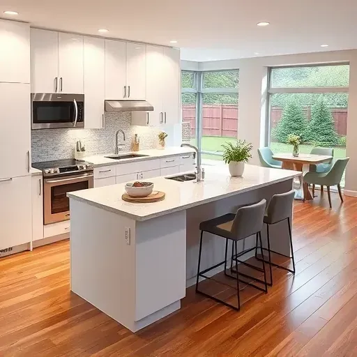 Recently remodeled kitchen in Hyattsville MD featuring modern design, sleek white cabinetry, and polished granite countertops.