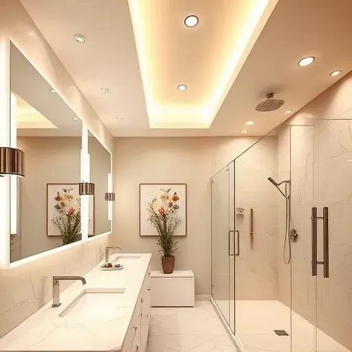 Modern bathroom with sleek recessed lighting, elegant vanity lights, marble countertops, frameless mirror, walk-in shower, and stylish decor