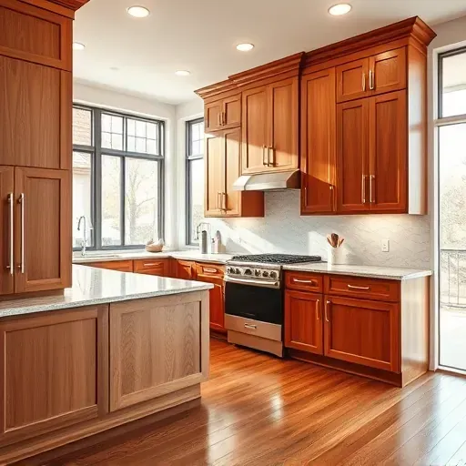 Modern hyattsville kitchen with warm wood custom cabinets, polished granite countertops, sleek hardware, hardwood floors, and minimalist decor