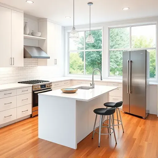 Newly remodeled modern kitchen in Hyattsville MD features white cabinetry, stainless steel appliances, and elegant quartz countertops.