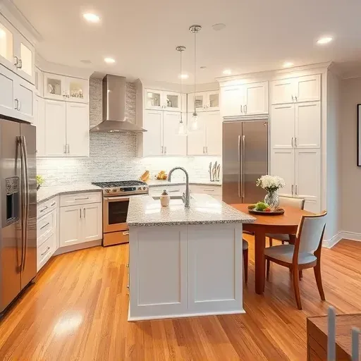 Modern kitchen in Mount Rainier MD with white cabinetry, granite island, and stainless steel appliances in open layout.