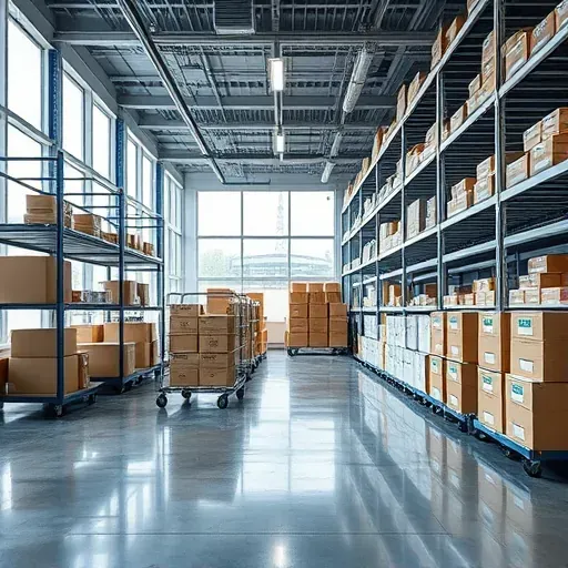 Modern storage facility in Hyattsville MD with organized shelving, labeled bins, bright lighting, and clean professional environment