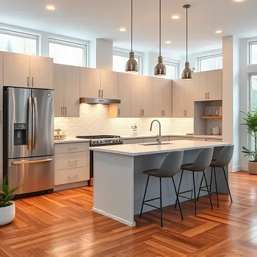 Kitchen remodeling in Hyland Hills MD features modern cabinetry, stainless steel appliances, quartz countertops, and bright ambiance.