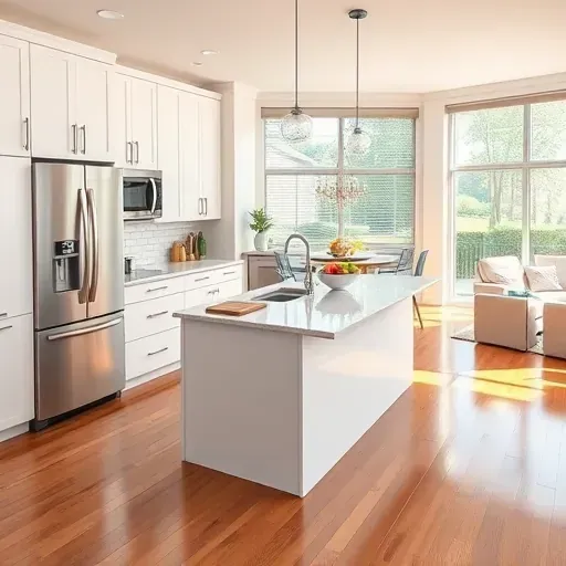 Newly renovated Arlington VA kitchen with white cabinets stainless-steel appliances quartz island pendant lighting hardwood floors and large windows