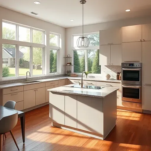 Recently remodeled modern kitchen in Chillum MD with sleek neutral cabinets, granite island, stainless steel appliances, hardwood floors and abundant natural light