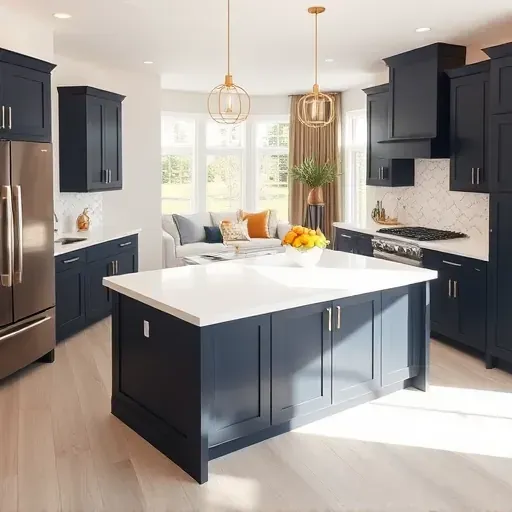 Modern Annapolis kitchen featuring a large island with white quartz, navy cabinetry, gold fixtures, and natural light.