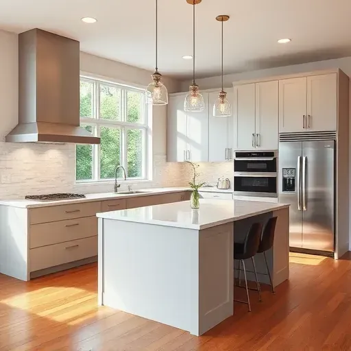Remodeled Oxon Hill Maryland kitchen with modern matte cabinetry stainless steel appliances quartz island hardwood floors natural light greenery view