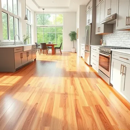 Newly installed warm oak hardwood kitchen flooring in a modern Hyattsville Maryland home with natural light and contemporary design