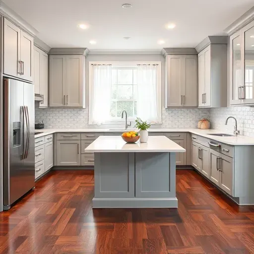 Modern kitchen remodel in Fairfax VA with sleek gray cabinets, white marble countertop, herringbone backsplash, and hardwood floor.