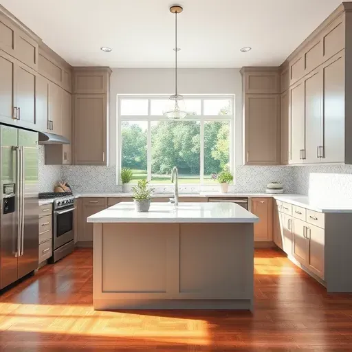 Modern kitchen with matte neutral cabinetry stainless steel appliances quartz island natural light hardwood floor pendant lighting and decorative backsplash