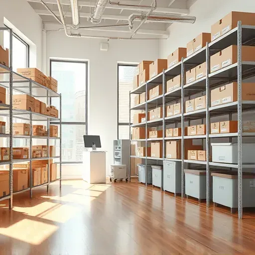 Modern organized storage setup in Hyattsville MD with sleek shelving, labeled boxes, natural light, and professional environment
