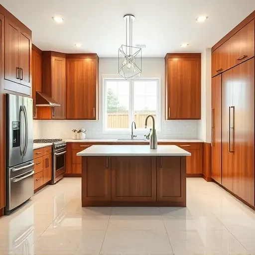 Remodeled modern kitchen in Largo MD with warm wood cabinets stainless steel appliances granite island subway tile backsplash and large window