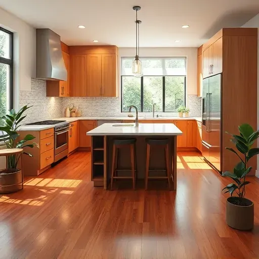 Modern kitchen remodel in Alexandria VA with wood cabinetry, quartz countertops, stainless appliances, and natural light.