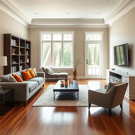 Remodeled living room in Glen Burnie MD with elegant decor, soft beige walls, gray sofa, and cozy reading nook.