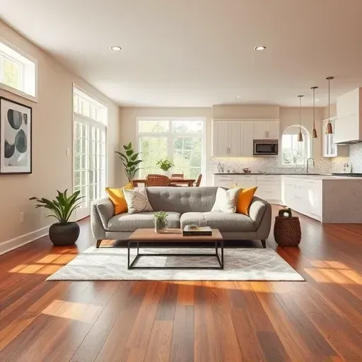 Modern remodeled living room in Bowie MD with open floor plan, hardwood flooring, stylish decor, and luxury kitchen.