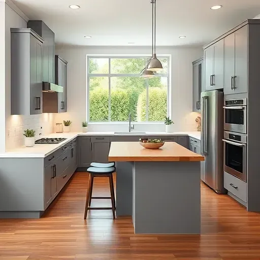 Modern kitchen remodeling in District Heights MD with white quartz countertops stainless steel appliances wooden breakfast bar hardwood flooring and natural light