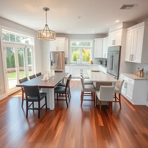 Stunning remodeled kitchen in Forestville MD with high-end appliances, white cabinetry, quartz countertops, and cozy dining area.