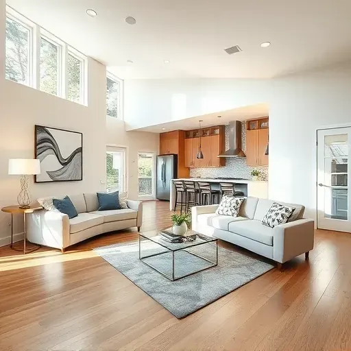 Modern living space in Greenbelt MD with open floor plan, natural light, sleek hardwood floors, and elegant decor.