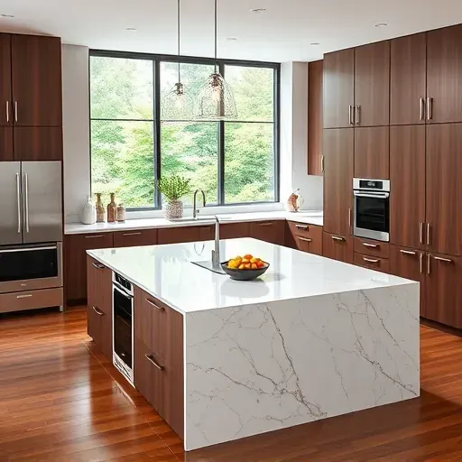 Modern Hyattsville kitchen with marble island, dark wood cabinets, stainless steel appliances, pendant lighting, and natural daylight