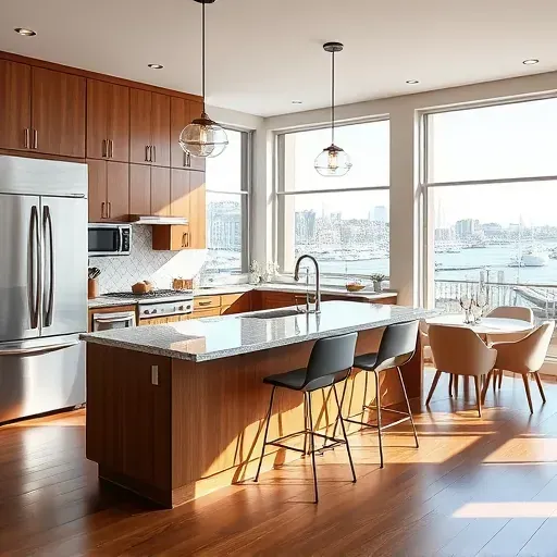 Recently remodeled Annapolis kitchen with modern wood cabinets stainless steel appliances granite countertops island pendant lighting scenic harbor view polished hardwood flooring