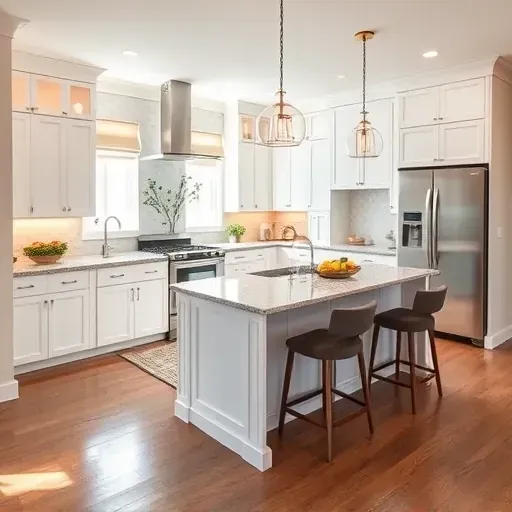 Modern kitchen remodel in Rockville MD featuring sleek cabinetry, stainless appliances, and polished granite countertops.