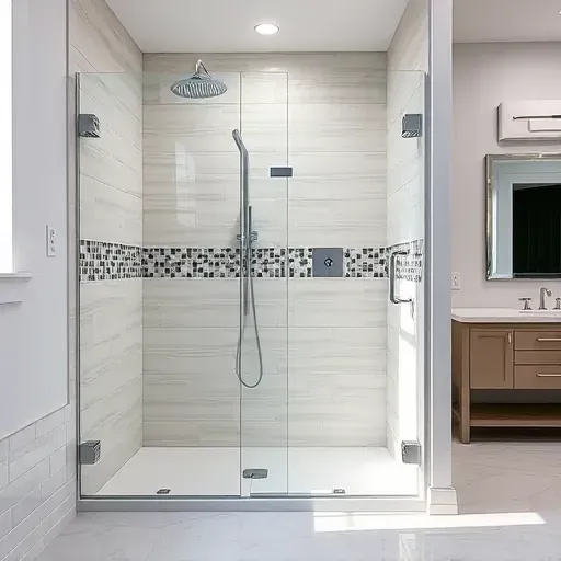 Beautiful modern shower with glass doors, chrome fixtures, subway tiles, mosaic accents, and slip-resistant floor in Hyattsville