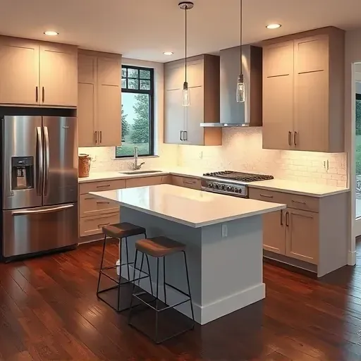 Remodeled Forestville MD kitchen with matte modern cabinets, stainless appliances, quartz countertops, large windows and lush backyard views